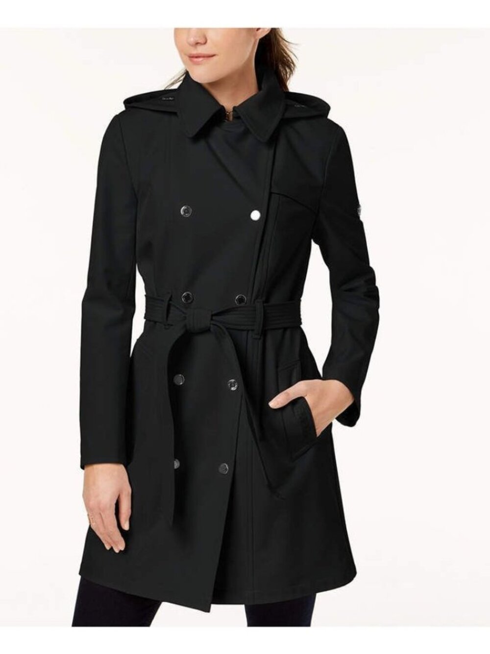 Calvin Klein Trench Coat Size Medium Black Double-Breasted Belted Front Buttons